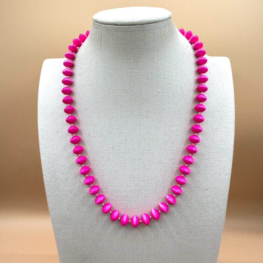 Hot Pink Beaded Necklace Long Oval Beads Barbiecore Statement Layering Jewelry